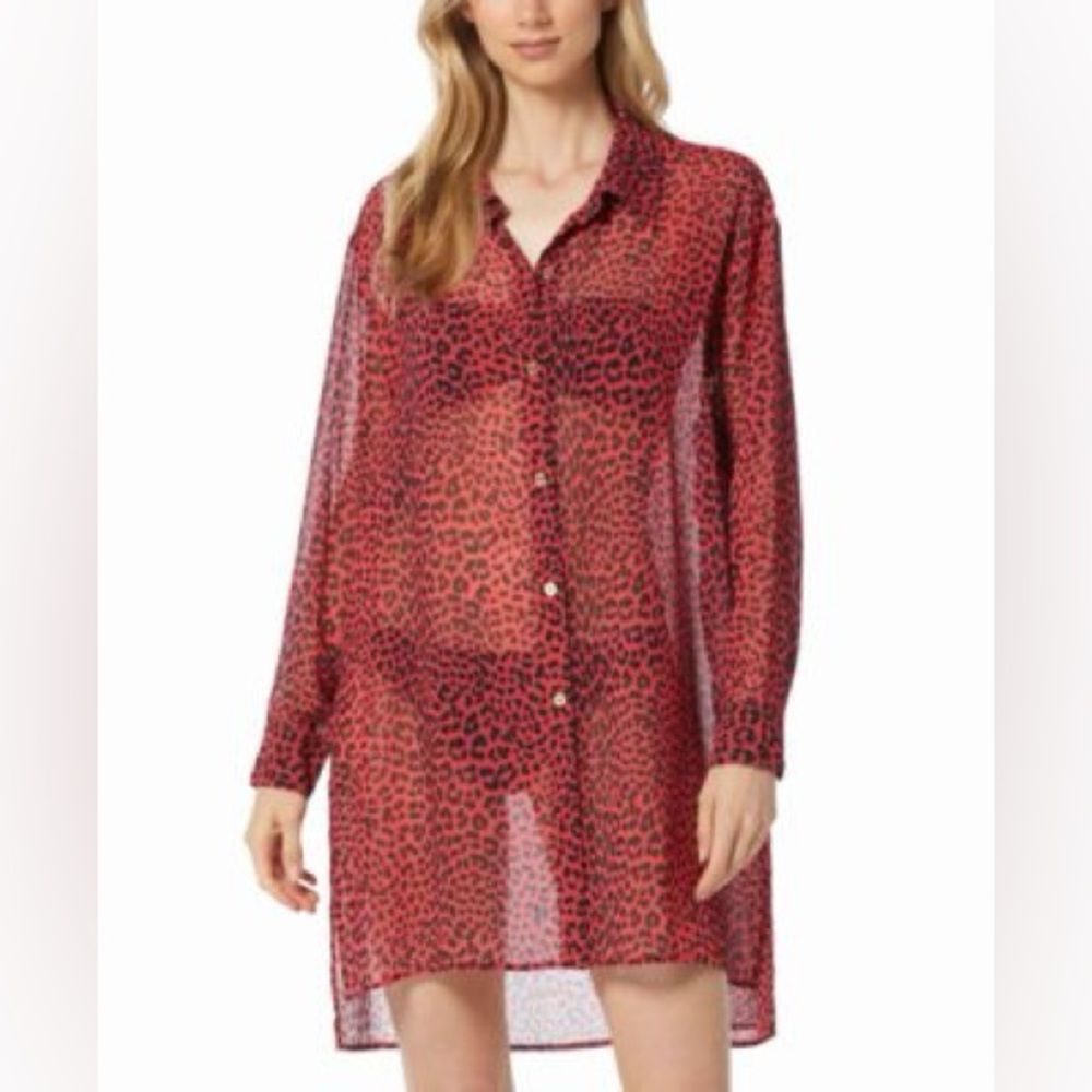 MICHAEL Michael Kors Animal-Print Sheer Cover-Up Shirt Size Medium